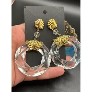 Statement clear earrings big gold tone oval circle vintage costume